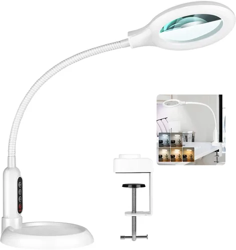Vista 11 de Lupa 10X con luz y abrazadera, 5 modos de color, lupa iluminada regulable sin escalones con soporte, lámpara de escritorio LED de cuello de cisne