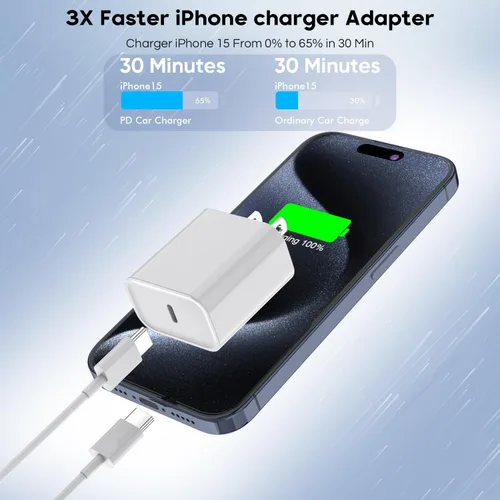 Vista 2 de Cargador de carga rápida para iPhone 17 de 10 pies, adaptador de bloque de carga rápida USBC de 20 W con cable USB C a USB C de 10 pies de largo