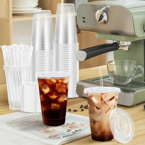 Vista 6 de Lamosi Paquete de 100 tazas de café de plástico de 16 onzas con tapas, vasos transparentes desechables