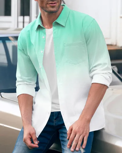 Vista 2 de Camisas de lino degradado para hombre, camisas hippie de manga larga con botones casuales, Verde (Mint Green)