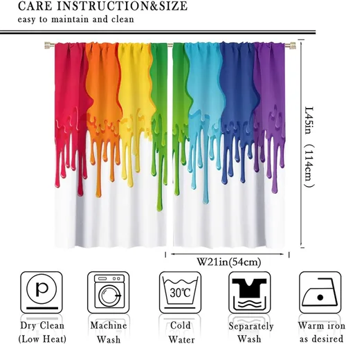Vista 2 de Cortinas opacas abstractas de arco iris, pintura de color arcoíris con gotas, diseño gráfico creativo con bolsillo para barra, para sala de estar