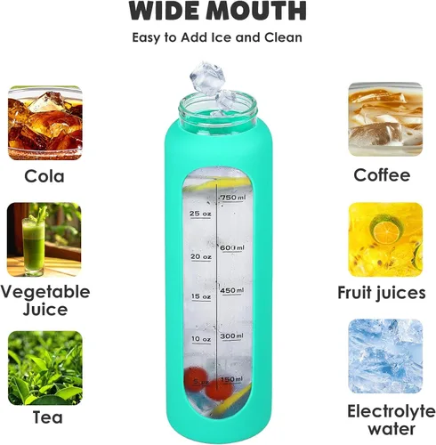 Vista 4 de Botellas de agua de vidrio de 32oz con funda de silicona, botellas de hidratación para beber, reutilizables, borosilicato, boca ancha, cantimplora