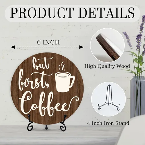 Vista 2 de Letrero de barra de café, decoración de café para cafetería, placa redonda de madera de granja con soporte, letreros de café con temática de «But