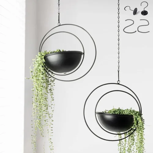 Vista 8 de Hajia 1 paquete de soporte colgante en forma de luna con maceta desmontable de 8 pulgadas, colgador de metal negro para interiores y exteriores