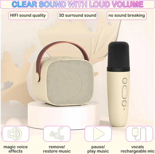 Vista 5 de Mini máquina de karaoke para niños y adultos, juguetes para niños y niñas, regalos para niñas y niños, altavoz Bluetooth con 2 micrófonos Beige