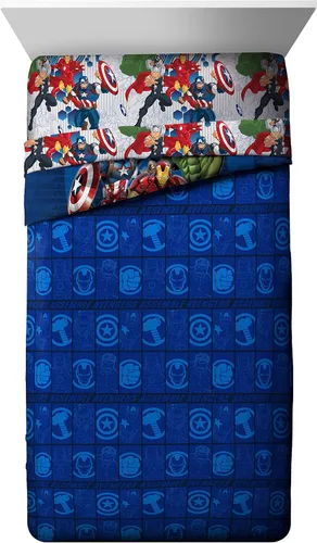 Vista 3 de Marvel Avengers Blue Circle - Juego de ropa de cama individual de 4 piezas, incluye edredón reversible y juego de sábanas, poliéster súper suave Los