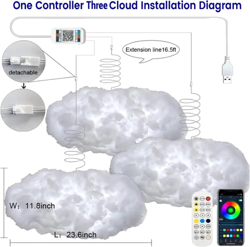 Vista 2 de Luces LED de nube para dormitorio, kit de iluminación nocturna creativa multicolor, sincronización de música con aplicación, tiras de luces que