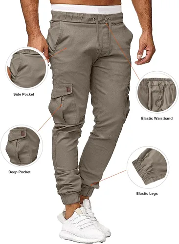 Vista 4 de Comdecevis Pantalones cargo para hombre, casuales, de algodón, con cordón, con 6 bolsillos, para senderismo, exteriores, pantalones de sarga