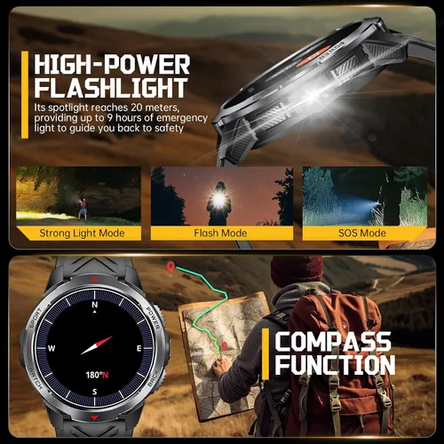 Vista 15 de Reloj inteligente militar para hombres con batería de 1100 mAh/linterna LED