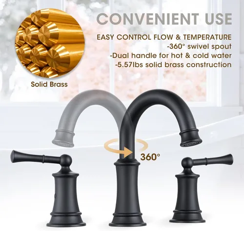 Vista 8 de Llave de baño negra, llave de lavabo de baño de 8 pulgadas con conjunto de drenaje emergente, llave de baño generalizada con líneas de suministro