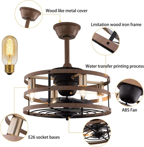 Vista 5 de OUKANING Ventilador de techo enjaulado con luz, reversible de 3 velocidades ajustables, ventilador de techo sin aspas con control remoto