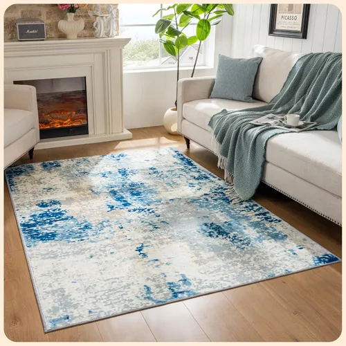 Vista 321 de Istana Alfombra larga antideslizante de 2.5 x 8 para el hogar, para pasillo y cocina, lavable, sedosa y suave al tacto, elegante, color azul y marfil