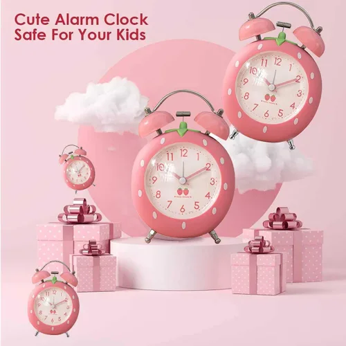 Vista 3 de Bonito reloj despertador de fresa de 4 pulgadas para personas que duermen con luz de fondo, reloj despertador de campana doble ruidosa para niños