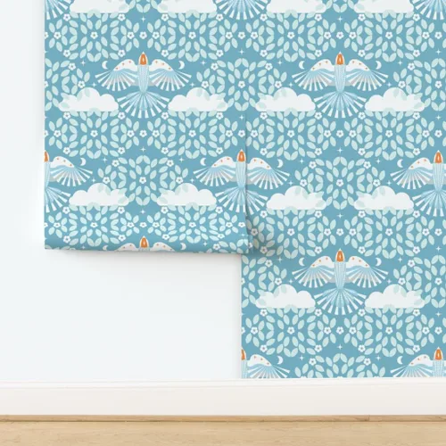 Vista 4 de Spoonflower Blue Sky Folk Art Pre-Pasted Removable Wallpaper Sample 12" x 24" Dreaming Scandi Scandinavian Mystical Water-activated, simple to