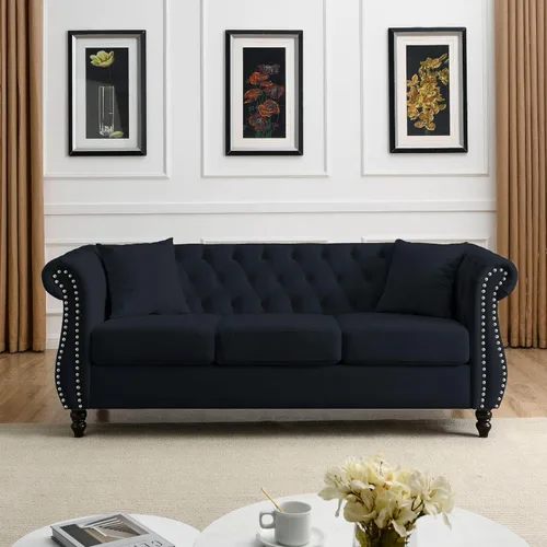 Vista 23 de Juego de Sofá Combinado de Terciopelo Chesterfield de 2 Piezas para Sala de Estar, Sofá de 3 Plazas y Loveseat con Tapizado Capitoné con 4