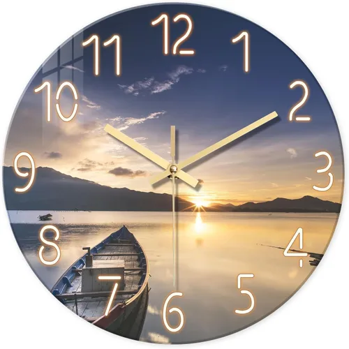 Vista 10 de Reloj de pared de playa con pilas, reloj de pared de vidrio de 12 pulgadas, analógico, sin tictac, relojes de pared azules para dormitorio, sala