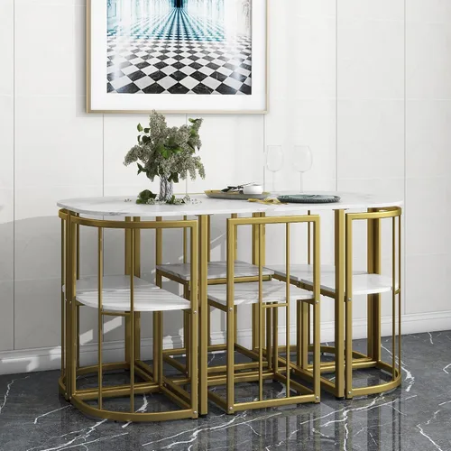 Vista 2 de Quarte Moderno juego de mesa de comedor de 7 piezas con mármol sintético, juego de mesa de cocina de metal compacto, diseño de silla triangular