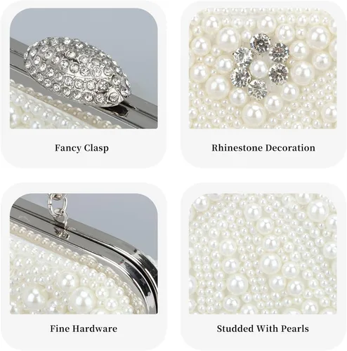 Vista 5 de Fecialy Bolsos de mano con perlas para mujer, bolsos de noche con cuentas de cristal y cadena de perlas