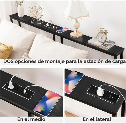 Vista 7 de HOOBRO - Mesa de consola estrecha de 63" con estación de carga, mesa de sofá de 5.9" con 2 tomas de corriente y puertos USB, mesas largas de entrada