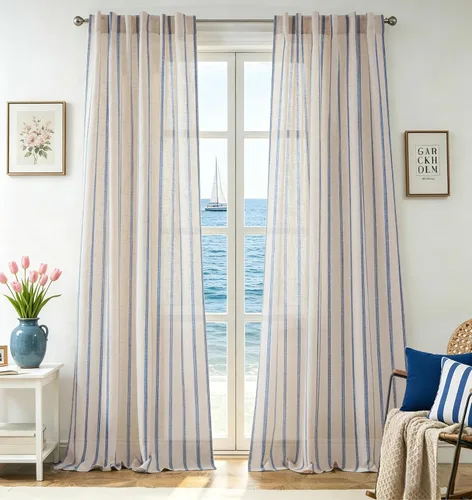 Vista 27 de DriftAway Cortinas de estilo granja con rayas verticales de lino mezclado texturizado con filtro de luz semitransparente para sala de estar