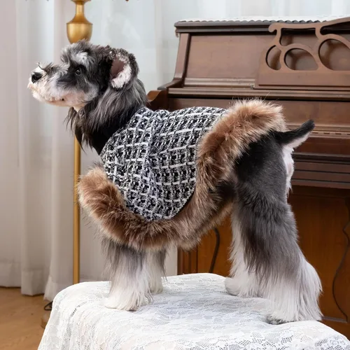 Vista 5 de Suéter para perro con capa, suéter de algodón perla para cachorros, ropa de punto para clima frío para perros pequeños, ropa clásica de cuello