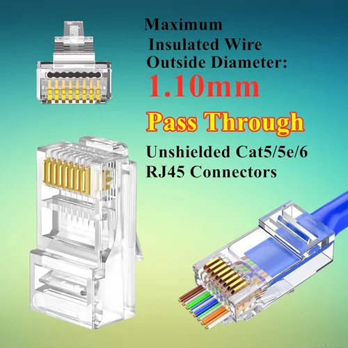 Vista 3 de Gaobige 100 unidades Cat5 Cat5e Cat6 RJ45 de paso a través de extremos de conectores Conectores sin blindaje de 0.043 in para cable sólido y cable