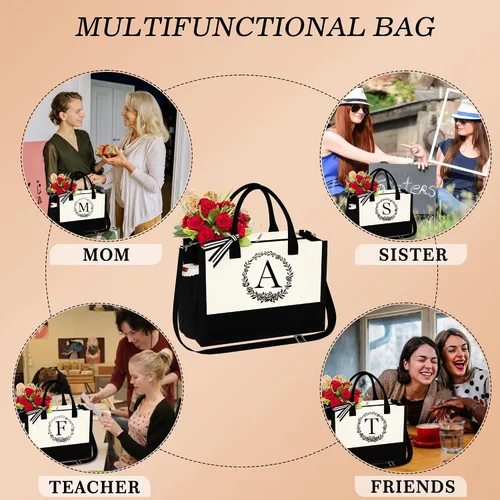 Vista 4 de YOOLIFE Bolsa de algodón con inicial con bolsa de maquillaje, bolsa de playa con cremallera correa ajustable, regalos de cumpleaños para mujeres