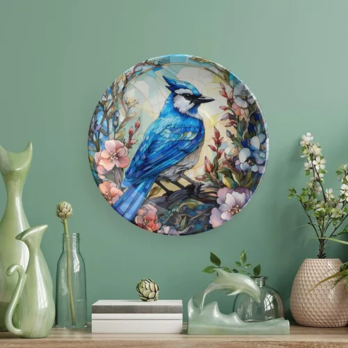 Vista 5 de Platos decorativos, pájaro azul y flores, vitrales, para el hogar, oficina, cocina, decoración de mesa, platos de porcelana de 6 pulgadas, regalos