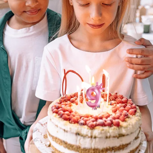 Vista 5 de Vela rosa de cumpleaños número 0, decoración temática rosa para niñas, velas de números diseñadas con corona 3D para decoración de pastel