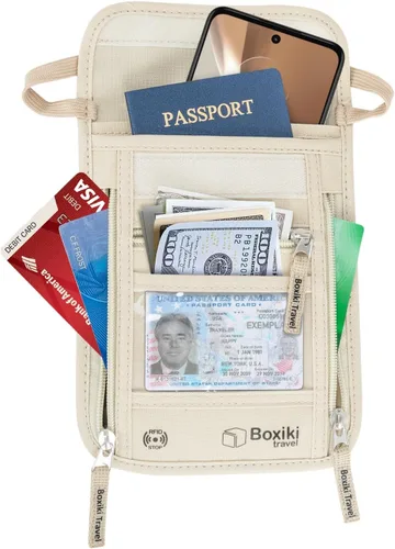 Vista 6 de Boxiki Travel Cinturón de dinero oculto para hombres y mujeres, cintura con bloqueo RFID para pasaporte, cartera y teléfono, seguro y seguro