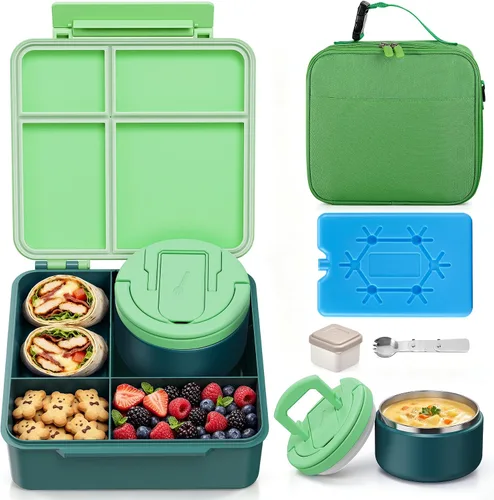 Vista 11 de MAXSO Set de Lonchera Bento con Termo para Sopa de 8 oz, Envase para Alimentos Calientes con 4 Compartimentos a Prueba de Fugas para Niños con Taza