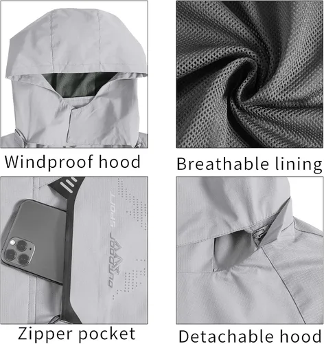 Vista 4 de TEZO Chaqueta impermeable para hombre, con capucha, rompevientos ligera