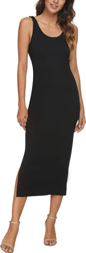 Vista 4 de CMZ2005 Vestido sin mangas con cuello redondo para mujer, vestido largo con abertura lateral, vestido largo casual de punto acanalado, vestido