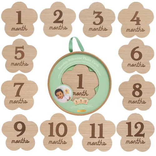 Vista 10 de Kate & Milo Accesorios de fotos de hito mensual para bebé en madera, discos redondos con escritura cursiva clásica, marcadores de fotos doble cara