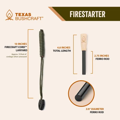 Vista 6 de Kit de supervivencia con iniciador de fuego Texas Bushcraft - Barra de hierro y pedernal de acero, herramienta con golpeador Bolsa de yesca