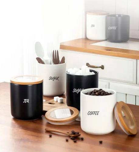 Vista 7 de Sello de almacenamiento de alimentos de cerámica de color puro Pot Spice Jar Sugar Bowl con tapa de bambú-café-negro
