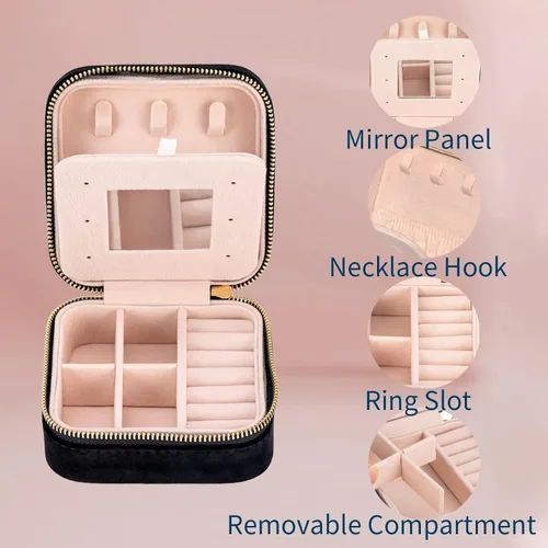 Vista 3 de Joyero de terciopelo de viaje con espejo mini estuche de regalo para mujeres y niñas pequeñas cajas organizadoras portátiles para anillos aretes