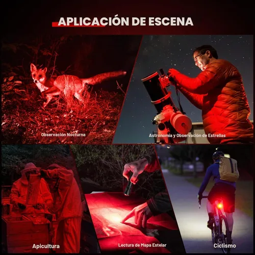 Vista 6 de Linterna de luz roja RECHOO, linternas recargables de LED rojo de 3 modos de alta potencia con clip y cordón, linternas rojas zoomables y portátiles