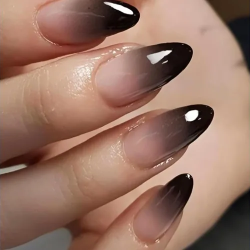 Vista 10 de Uñas postizas a presión marrón café, uñas postizas medianas de almendra, color sólido, cobertura completa, uñas postizas artificiales brillantes