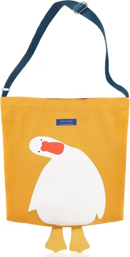 Vista 9 de Bonita bolsa de lona para mujer, bolsa de tela de algodón reutilizable para el almuerzo, compras y playa (pato amarillo de transporte a mano)