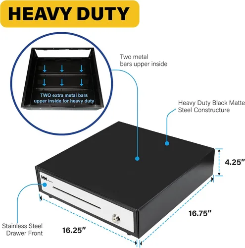 Vista 3 de HK SYSTEMS Cajón de efectivo negro resistente frontal de 16 pulgadas "acero inoxidable" con 5Bill/5Coin