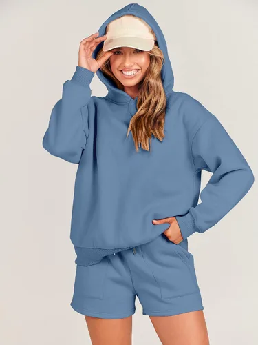 Vista 7 de ANRABESS Conjunto de 2 piezas para mujer, sudadera con capucha de gran tamaño, pantalones cortos, sudadera para descansar, ropa deportiva de moda