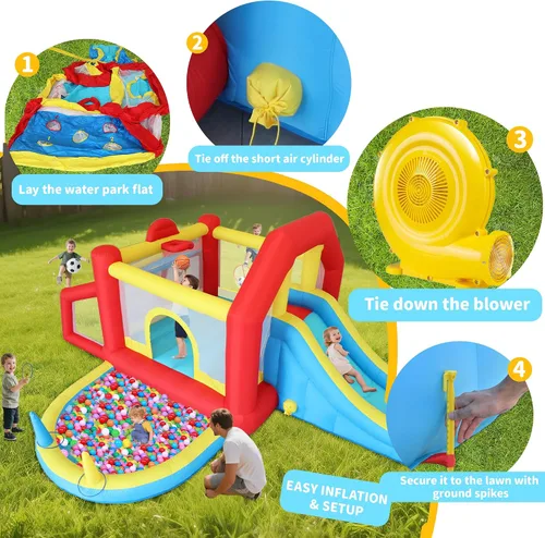 Vista 6 de Casa inflable de rebote para niños de 9 en 1 con tobogán alto, piscina de pelotas, juego de fútbol de habilidad, juego de sacos de arena