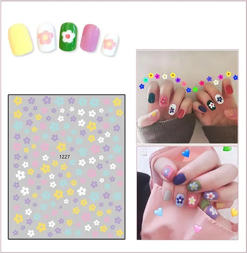 Vista 4 de 6 hojas de calcomanías de arte de uñas de flores de verano 3D, calcomanías autoadhesivas para uñas, diseño de arte blanco, amarillo, azul, negro