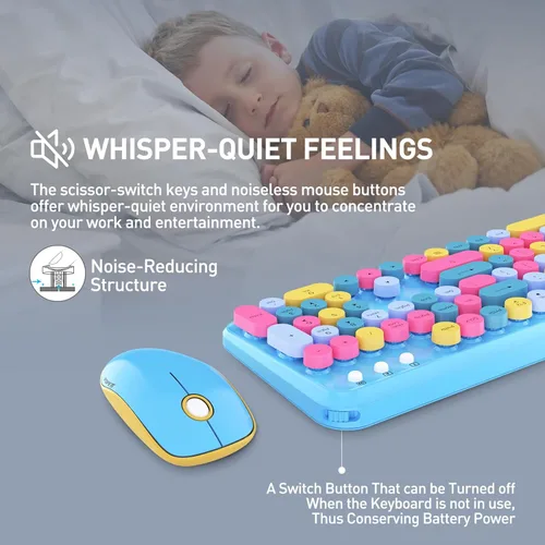 Vista 4 de Combo de teclado y ratón inalámbrico con botón de interruptor - Teclado de máquina de escribir inalámbrico de 2.4GHz Suspensión automática azul