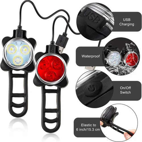 Vista 3 de 2 juegos de luces recargables para bicicleta (total de 4 luces: dos rojas y dos blancas), faros delanteros superbrillantes y luces LED traseras