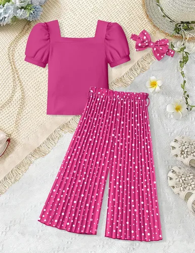 Vista 45 de DONWEN Conjunto de 3 piezas de ropa para niñas pequeñas y niñas con cuello cuadrado + pantalones elegantes + diadema para primavera y verano