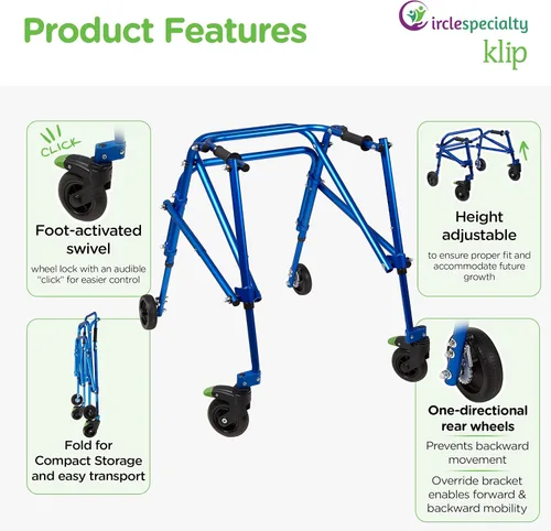 Vista 5 de Klip - Caminador con ruedas posteriores, ligero, 4 ruedas, andador posterior ligero para niños pequeños, niños, adolescentes con necesidades Azul