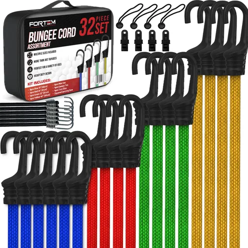 Vista 6 de FORTEM Surtido de cuerdas elásticas con mosquetón, paquete múltiple de 32 cuerdas elásticas, incluye cuerdas elásticas de 18", 24", 30", 36", 48