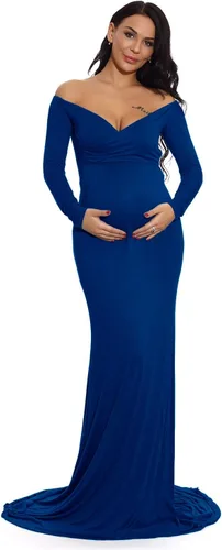 Vista 2 de ZIUMUDY - Vestido ajustado de maternidad con cuello en V fruncido, hombros descubiertos, manga larga, maxivestido para fotografía
